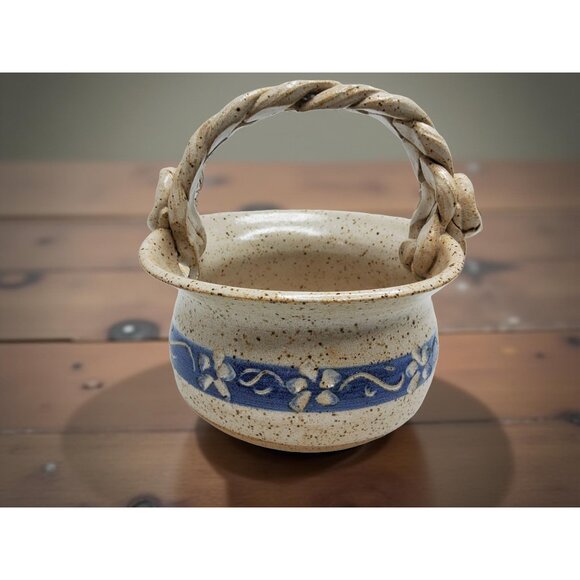 vintage 1991 handmade clay fired braided handle art pottery signed basket plante - Picture 1 of 12